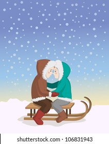 eskimo kiss between a boy and a girl on a sleigh