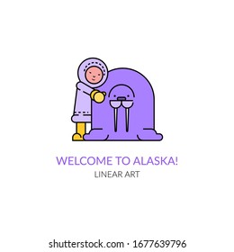 Eskimo little girl hugs a large walrus.