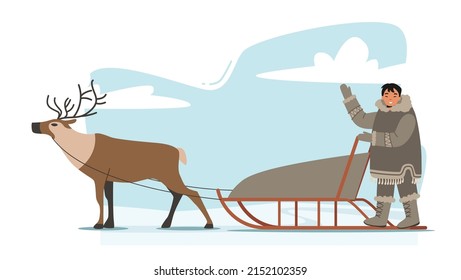 Eskimo Male Character Riding Reindeer Sleigh with Happy Face. Life in Far North Concept with Inuit Wearing Traditional Clothing, Esquimau Person Driving Sled Outdoors. Cartoon Vector Illustration