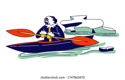 Eskimo Male Character in Traditional Warm Clothing Floating on Kayak with Paddles at Frozen Sea with Broken Ice Pieces. Life in Far North. Inuit Esquimau Fishing Outdoors. Linear Vector Illustration