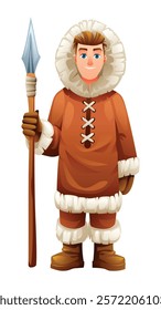 Eskimo man character holding a spear, wearing traditional fur outfit. Vector cartoon illustration