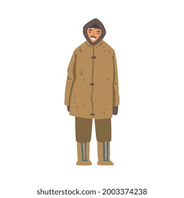 Personaje De Hombre Eskimo, Hombre Del Norte Con Un Verdadero Vector De Dibujo De Envases Tradicionales Auténticos