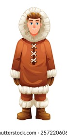 Eskimo man character in traditional fur outfit. Vector cartoon illustration