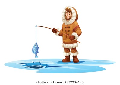 Eskimo man fishing on ice, holding a fish and rod, wearing traditional fur outfit. Vector cartoon illustration