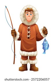 Eskimo man with a fishing rod and fish, wearing traditional fur outfit. Vector cartoon illustration