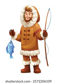 Eskimo man with a fishing rod and fish, wearing traditional fur outfit. Vector cartoon character illustration