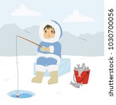 Eskimo man fishing through the ice hole, and a bucket full of fishes. Eskimo fishing cartoon vector
