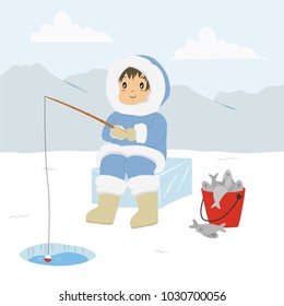 Eskimo man fishing through the ice hole, and a bucket full of fishes. Eskimo fishing cartoon vector