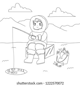 Eskimo man fishing through the ice hole, cartoon vector. Coloring page for kids