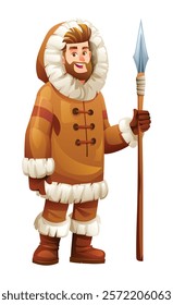 Eskimo man holding a spear, wearing traditional fur outfit. Vector cartoon character illustration