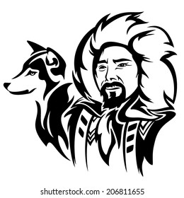 eskimo man with husky dog - black and white vector portrait