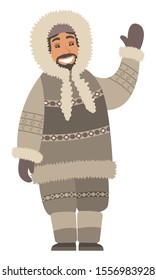 Eskimo man stand alone and wave hand. Indigenous north guy with smile on face and in warm clothes like coat and gloves, boots and hood. Arctic person isolated on white. Vector illustration in flat