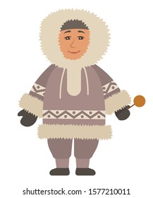 Eskimo man standing alone. Indigenous north guy with lollypop in hands and in warm clothes like coat, gloves and boots. Arctic person isolated on white background. Vector illustration in flat style