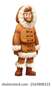 Eskimo man in traditional fur outfit. Vector cartoon character illustration