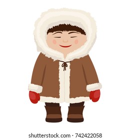 Eskimo man in traditional snow fur coat. People inhabited Siberia, Alaska, the northern region. Vector flat style cartoon illustration isolated on white background