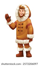 Eskimo man waving in a cheerful pose, wearing traditional fur outfit. Vector cartoon character illustration