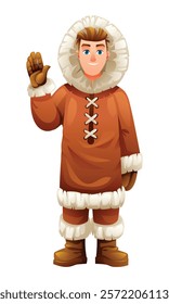 Eskimo man waving hand in a cheerful pose, wearing traditional fur outfit. Vector cartoon character illustration