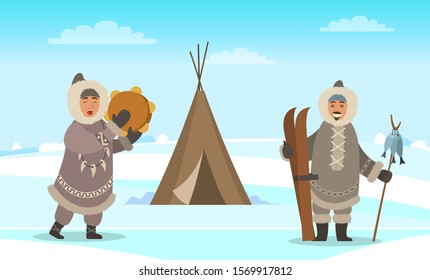 Eskimo men standing near shelter like wigwam. Indigenous north people in warm clothes, winter coat, gloves and boots. Arctic person with fishes and skies. Vector illustration, beautiful landscape