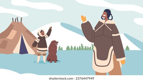 Eskimo Mother And Her Little Child, Wrapped In Warm Furs, Stand Near Their Yurt, Waving Hands With Smiles Radiate Love