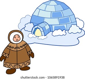 Eskimo in national clothes and igloo