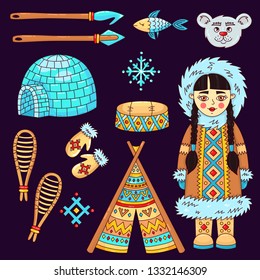 Eskimo north colorful cartoon icons vector set