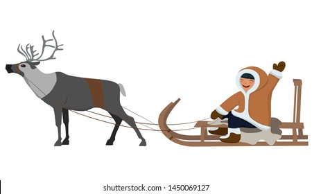 Eskimo on deer sledding. Isolated image on white background. Vector graphics.