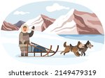 Eskimo on sleigh with husky dogs rides through desert and snowy forests. Man in warm clothes living in Arctic. Landscape with mountains, beautiful view of pole. Polar region nature, winter scenery