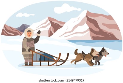 El esquimal en trineo con perros husky recorre bosques desérticos y nevados. Hombre con ropa abrigada viviendo en el Ártico. Paisaje con montañas, hermosa vista de polo. Naturaleza de la región polar, paisaje invernal