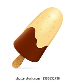 Eskimo on a stick. Ice cream ice cream white chocolate with a splash of nuts and biscuits. Realistic 3D. Isolated on white background Vector illustration