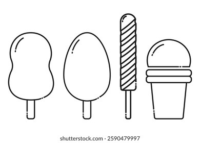 Eskimo on stick oval and wave shape, frozen juice and ice cream waffle cup Linear icons idea Set 4