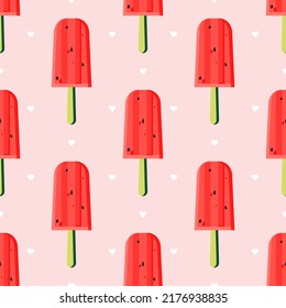 Eskimo on a stick with watermelon flavor. Seamless cute pattern. Summer vibes. Watermelon red ice cream on a pink background. Vector.