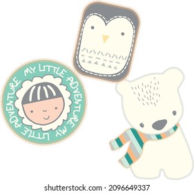 Eskimo, owl and teddy bear themed vector badge, can be used for baby t-shirt print, fashion print design, kids wear, baby shower, bedding set, wallpaper, celebration, greeting cards and invitation.