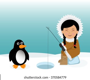 Eskimo and penguin fishing for fish. Concept background trip to Greenland