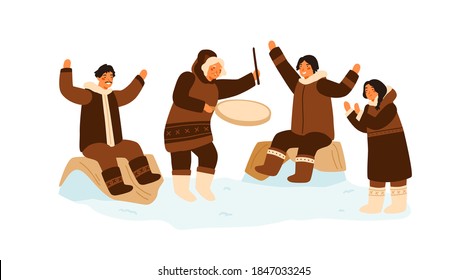 Eskimo people clapping hands, dance and play national ethnic tambourine. Inuit family having fun. Traditional northern recreation. Flat vector cartoon illustration isolated on white background