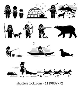 Eskimo people, lifestyle, and animals. Stick figure pictogram depicts Eskimo human, igloo, hunting, fishing, polar bear, husky dog, sled dogs, seal, and canoe. 