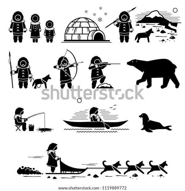 Eskimo people, lifestyle, and\
animals. Stick figure pictogram depicts Eskimo human, igloo,\
hunting, fishing, polar bear, husky dog, sled dogs, seal, and\
canoe. 