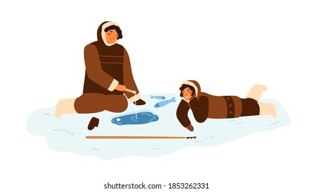Eskimo people in traditional winter costumes sitting and fishing at snowy ice hole. Alaskan fisherman characters. Flat vector cartoon illustration isolated on white background