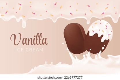 Helado de tarta esquimal con crema de leche derretida y rociado. Fijación de chocolate, helado de vainilla con leche batida, 3d ilustración para paquete de comida.