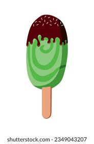 Eskimo pie, illustration, vector on white background. Green spiral ice cream with chocolate on stick.