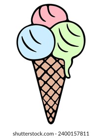 Eskimo. Pink, blue, green. Three scoops of melting ice cream in a crispy waffle cone. Color vector illustration. Isolated background. Cartoon style. Sweet refreshing dessert. 