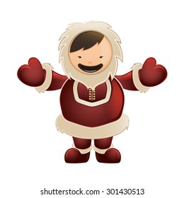 Eskimo in red clothes. Funny character with big smile. Color vector picture isolate on white background