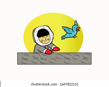 Eskimo releases the blue bird. vector illustration. hand drawn. moon background.