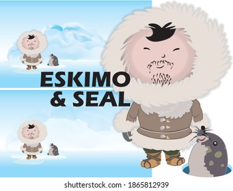 Eskimo and seal illustration with 2 different backgrounds.