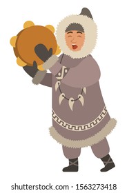 Eskimo singing songs and playing traditional national musical instrument. Isolated inuit wearing thick jacket and necklace made of fangs. Northern person with cultural customs. Vector in flat style