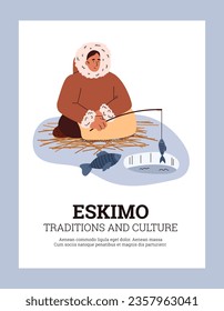 El esquimal se sienta en el hielo y atrapa peces con una barra de pesca. El hombre polar del norte con la ropa tradicional de la etnia cálida de los esquimales obtiene comida en condiciones salvajes árticas. Cartel vectorial de caricatura en marco azul