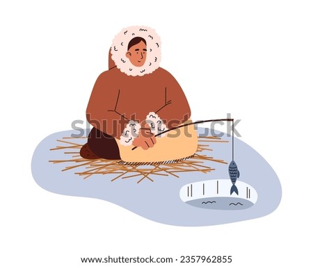 Eskimo sits on the ice and catches fish with a fishing rod. North man in traditional warm ethnic Eskimos clothing gets food in arctic wild conditions. Polar male character cartoon vector illustration
