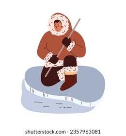 El esquimal se sienta en el hielo, caza y captura peces con lanza, palo. El hombre polar del norte con la ropa tradicional de la etnia cálida de los esquimales, obtiene comida en condiciones salvajes árticas. Ilustración vectorial de dibujos animados