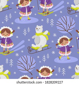 ESKIMO SKETCH Winter Alaska Girl Comic Funny Animal Flat Design Cartoon Hand Drawn Seamless Pattern Vector Illustration For Print