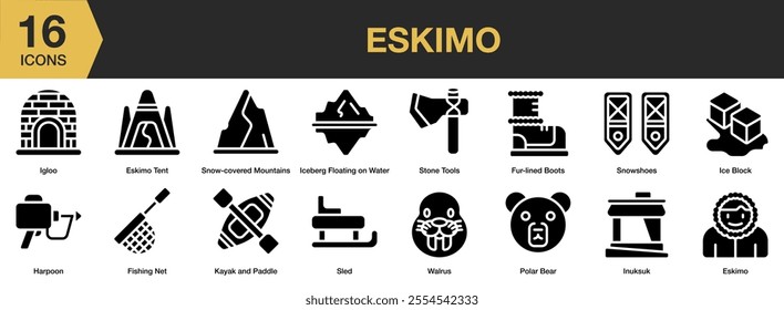 Eskimo solid icon set. Includes igloo, tent, snowshoes, ice block, sled, harpoon, and More. Solid icons vector collection.