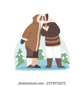 Eskimo Tradition Scene, Inuit Characters Greeting With A Friendly Nose-to-nose Touch. A Warm Gesture